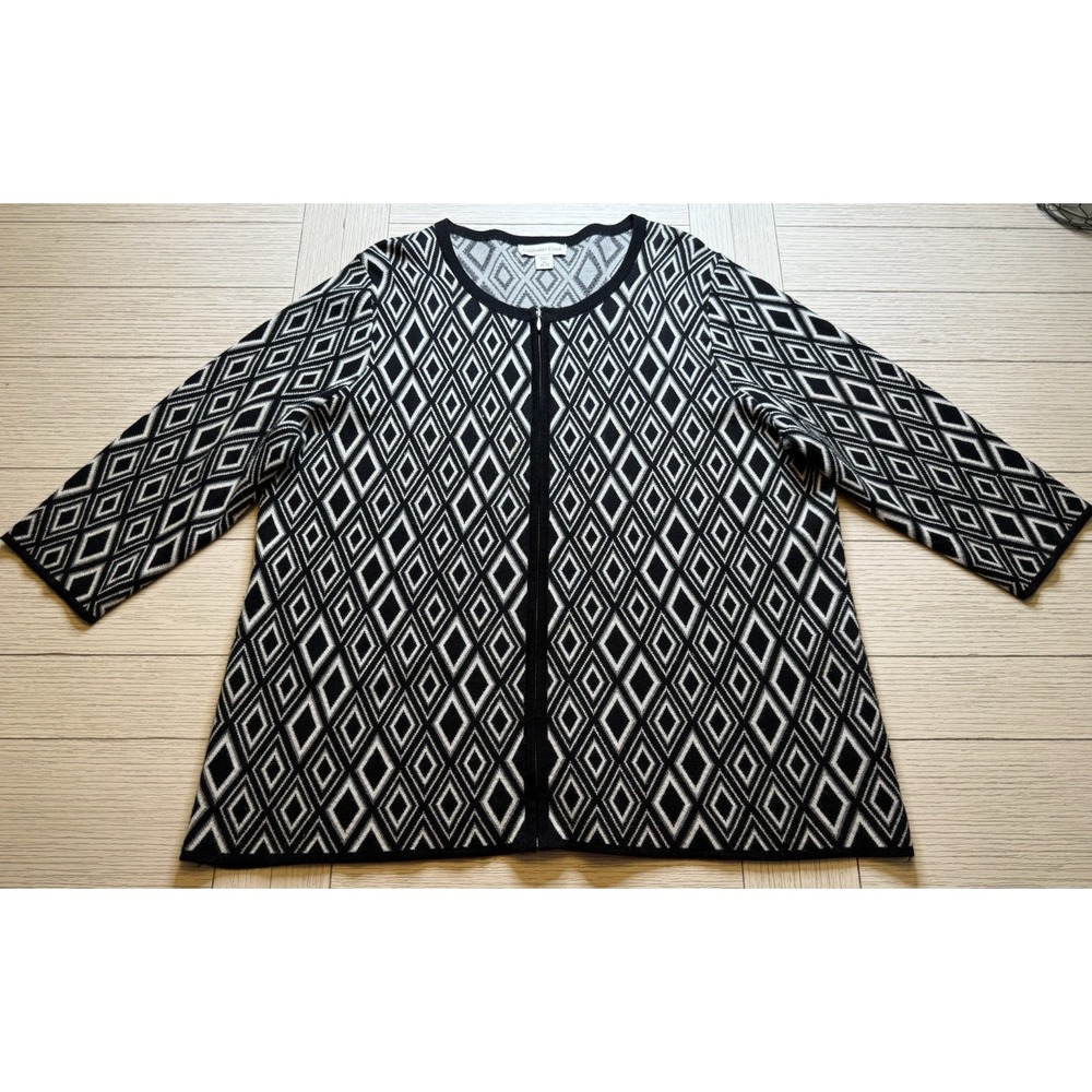 Coldwater Creek 2X Wool Full Front Zip Blk White Geo Print 3/4 Sleeve Sweater